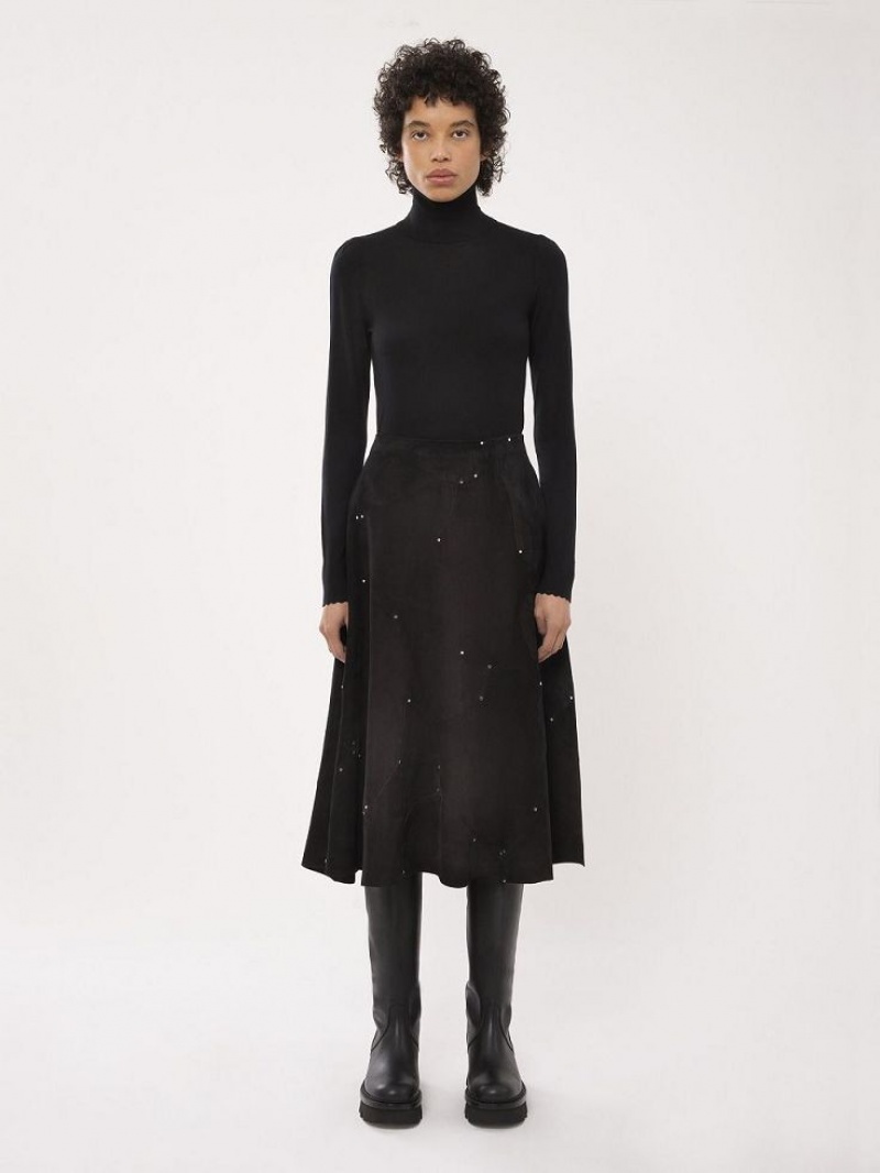 Chloe Flared Midi Röcke Schwarz | CHE-SR14097