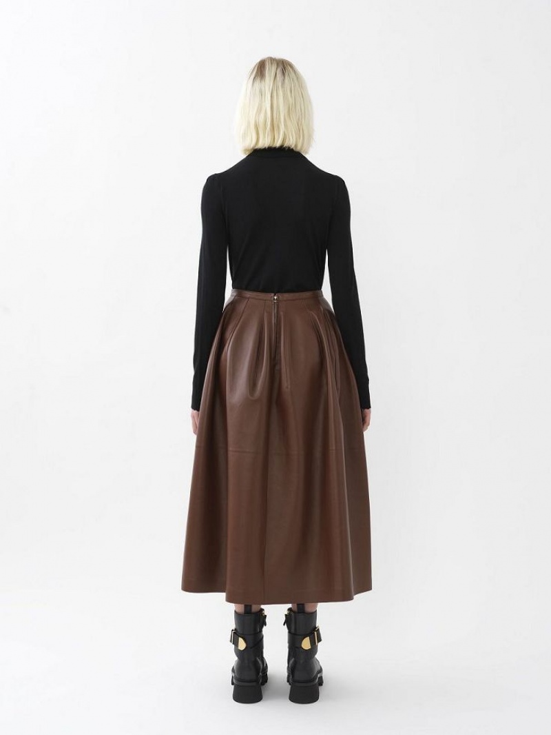 Chloe Gathered Mid-length Skirt Leather Kaffee | CHE-SR14116