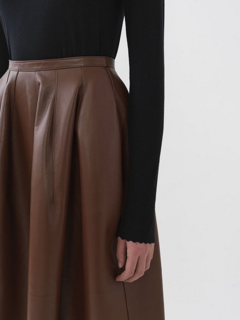 Chloe Gathered Mid-length Skirt Leather Kaffee | CHE-SR14116