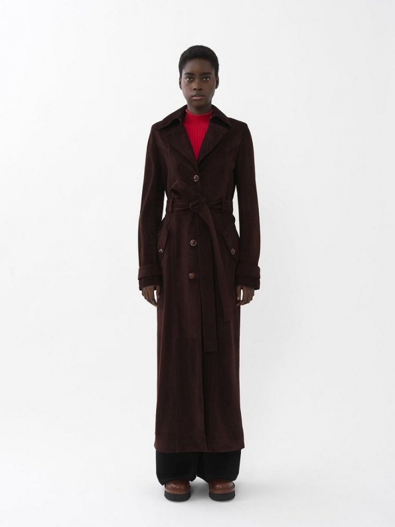 Chloe Long Trench Coat Leather Braun | CHE-SR14119